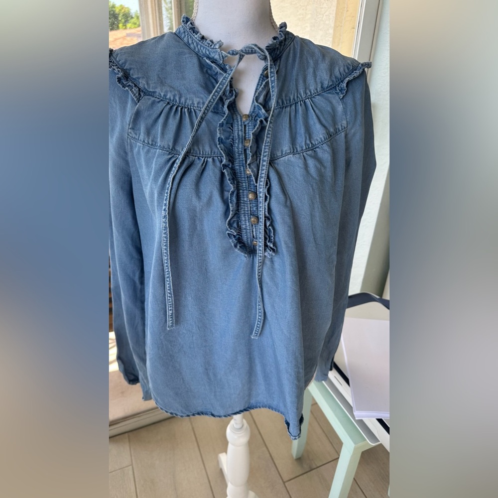 Anthropologie Maeve Chambray Ruffle Tie Neck Boho Blouse Blue Small